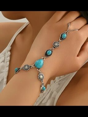 Silver-Tone Turquoise Hand Chain Bracelet - Women's Jewelry